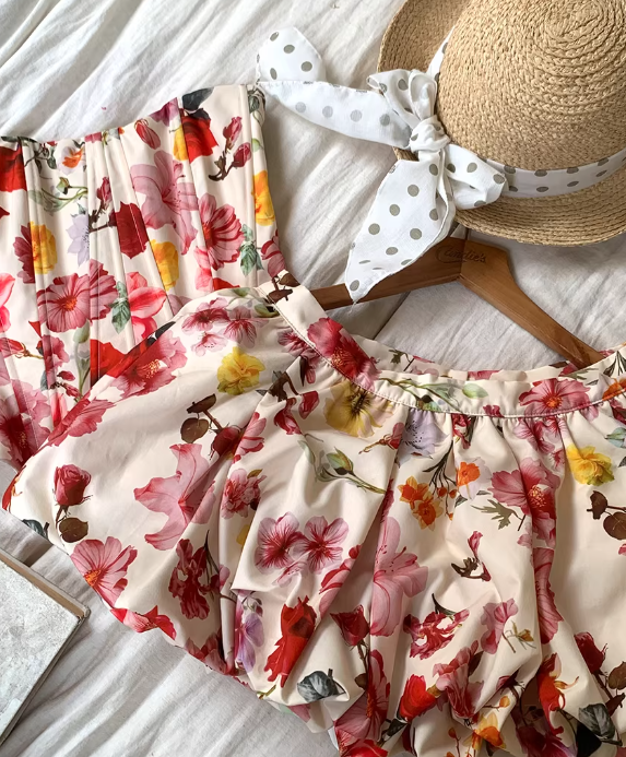 Strapless Floral Corset Set Bubble Skirt Two-Piece  FD09
