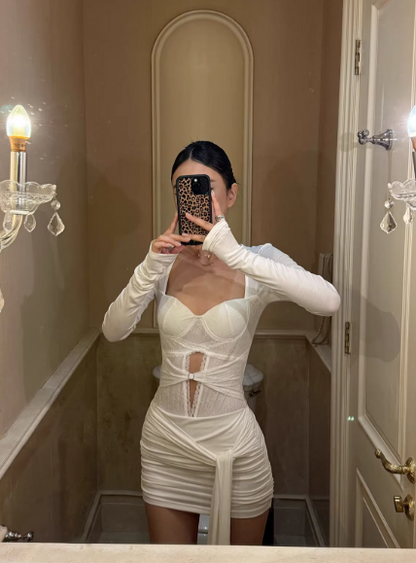 White Lace Square Neck Long Sleeve Bodysuit Ruched Sash High-Waist Skirt Set FD010