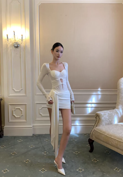 White Lace Square Neck Long Sleeve Bodysuit Ruched Sash High-Waist Skirt Set FD010