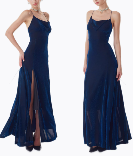 Navy Blue Glitter Velvet Spaghetti Strap Open Back High Slit Maxi Evening Gown FD011