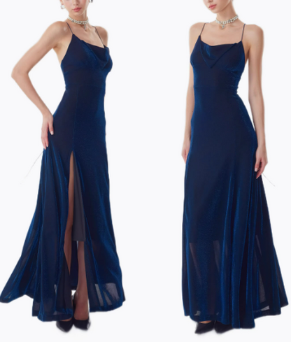 Navy Blue Glitter Velvet Spaghetti Strap Open Back High Slit Maxi Evening Gown FD011