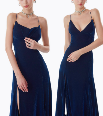 Navy Blue Glitter Velvet Spaghetti Strap Open Back High Slit Maxi Evening Gown FD011