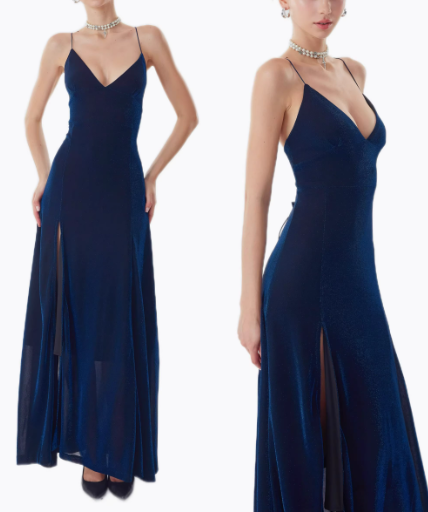 Navy Blue Glitter Velvet Spaghetti Strap Open Back High Slit Maxi Evening Gown FD011