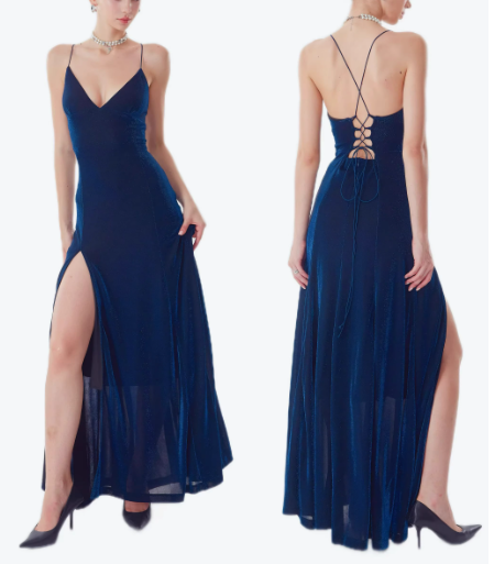 Navy Blue Glitter Velvet Spaghetti Strap Open Back High Slit Maxi Evening Gown FD011