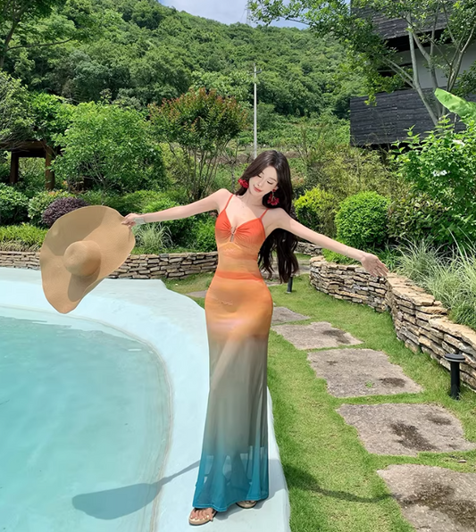 Beach Vacation Gradient Mesh Orange-Blue Gradient Halter-Neck Fitted Maxi Dress  FD012