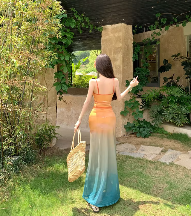 Beach Vacation Gradient Mesh Orange-Blue Gradient Halter-Neck Fitted Maxi Dress  FD012