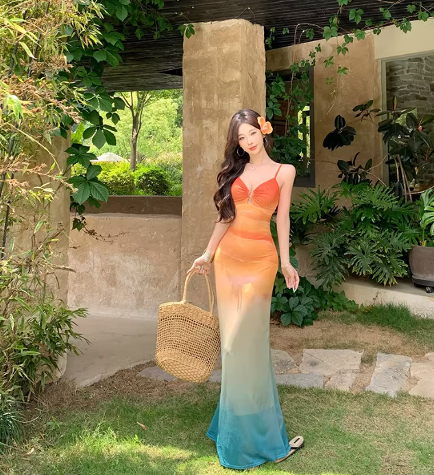 Beach Vacation Gradient Mesh Orange-Blue Gradient Halter-Neck Fitted Maxi Dress  FD012