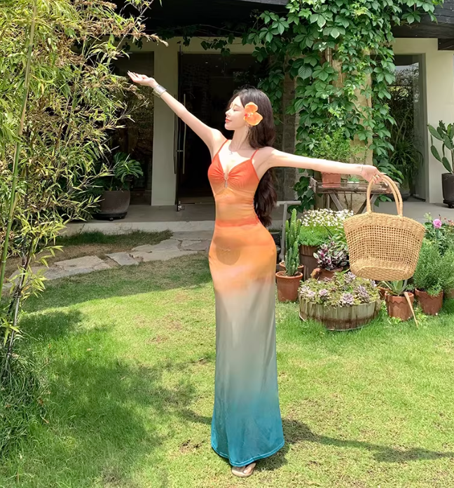Beach Vacation Gradient Mesh Orange-Blue Gradient Halter-Neck Fitted Maxi Dress  FD012