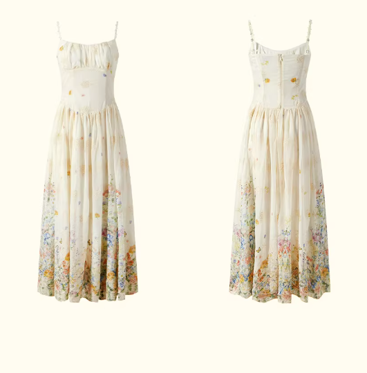 French Retro Floral Print Spaghetti Strap Waist-Cinching Maxi Vacation Dress  FD013
