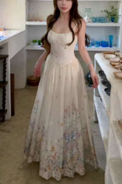 French Retro Floral Print Spaghetti Strap Waist-Cinching Maxi Vacation Dress  FD013