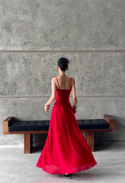 Red Spaghetti Strap Waist-Cinching Open Back Maxi Dress for Evening Party Formal Events  FD013