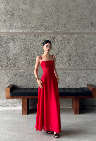 Red Spaghetti Strap Waist-Cinching Open Back Maxi Dress for Evening Party Formal Events  FD013