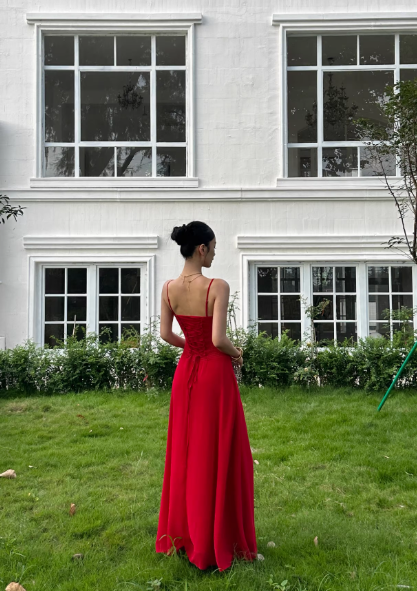 Red Spaghetti Strap Waist-Cinching Open Back Maxi Dress for Evening Party Formal Events  FD013