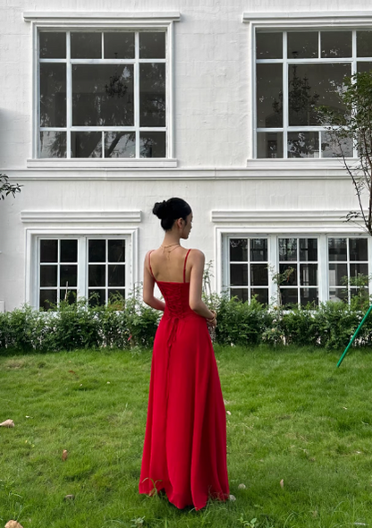 Red Spaghetti Strap Waist-Cinching Open Back Maxi Dress for Evening Party Formal Events  FD013