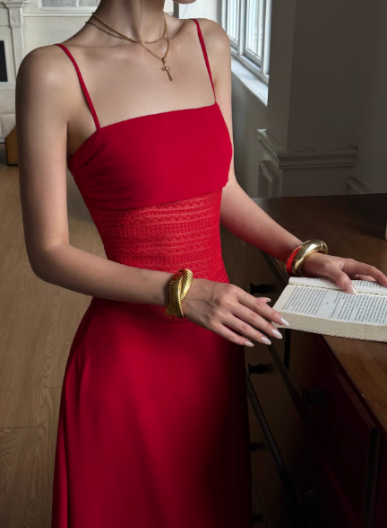 Red Spaghetti Strap Waist-Cinching Open Back Maxi Dress for Evening Party Formal Events  FD013