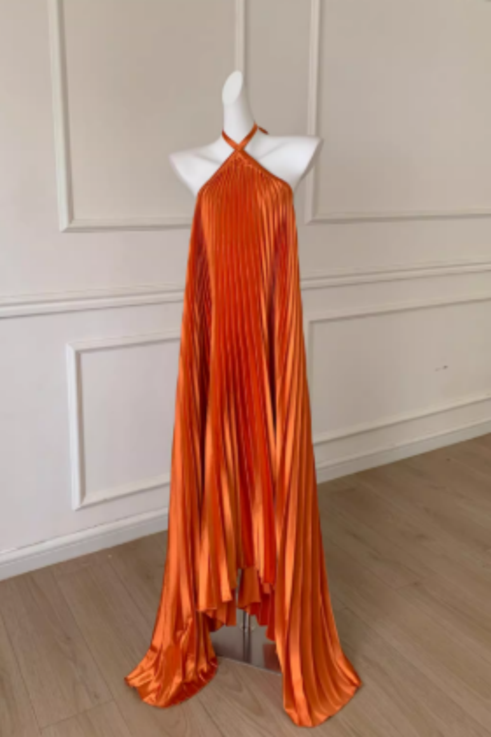 Satin Shine Orange Halter Neck Crisscross Tie Back Open Back Pleated Flared Maxi Dress FD014