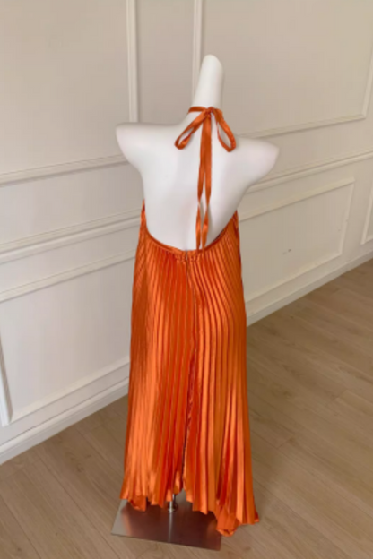 Satin Shine Orange Halter Neck Crisscross Tie Back Open Back Pleated Flared Maxi Dress FD014