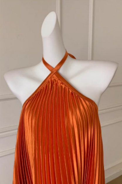Satin Shine Orange Halter Neck Crisscross Tie Back Open Back Pleated Flared Maxi Dress FD014