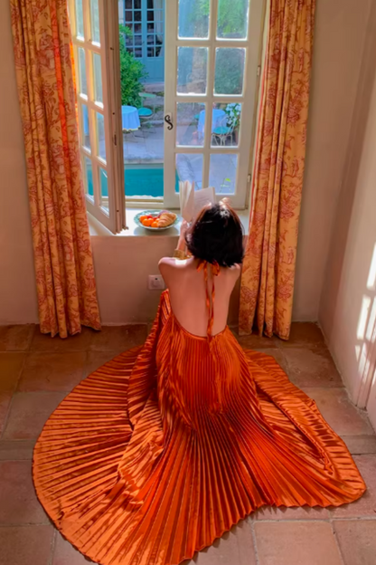 Satin Shine Orange Halter Neck Crisscross Tie Back Open Back Pleated Flared Maxi Dress FD014