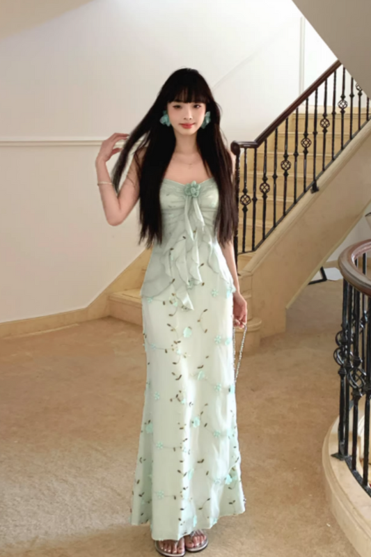 Mint Green 3D Floral Spaghetti Strap Waist-Cinching Maxi Vacation Dress FD015