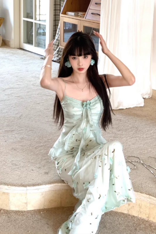 Mint Green 3D Floral Spaghetti Strap Waist-Cinching Maxi Vacation Dress FD015