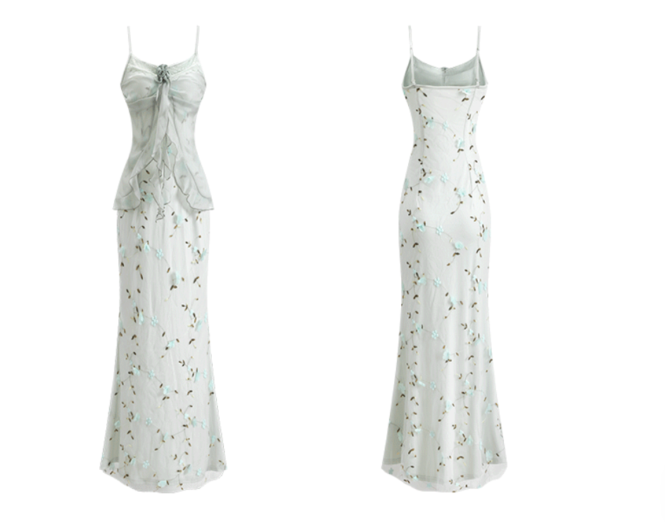 Mint Green 3D Floral Spaghetti Strap Waist-Cinching Maxi Vacation Dress FD015