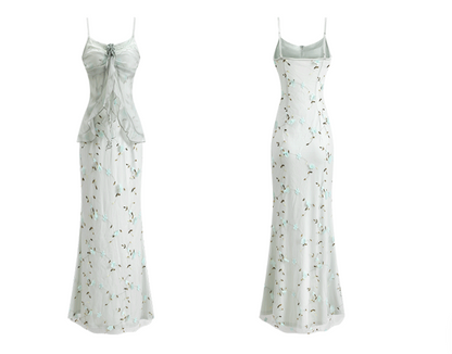Mint Green 3D Floral Spaghetti Strap Waist-Cinching Maxi Vacation Dress FD015