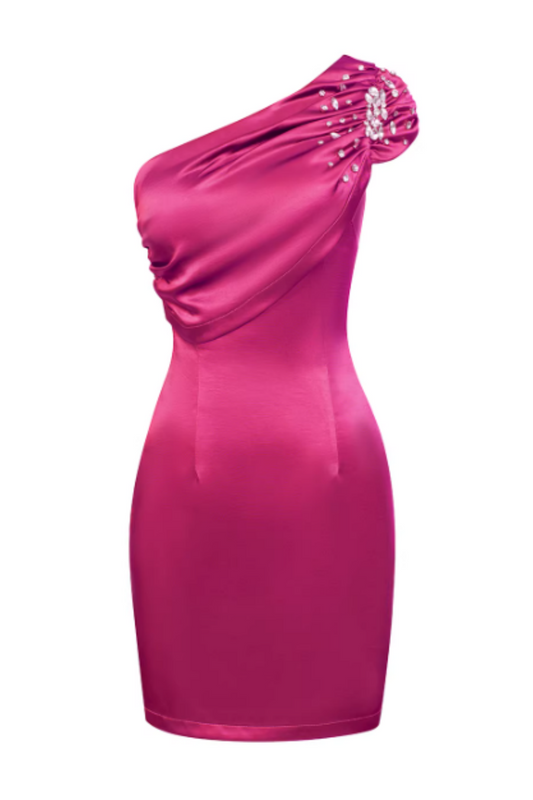 Fuchsia One Shoulder Rhinestone Bodycon Mini Dress for Party Evening Events FD016
