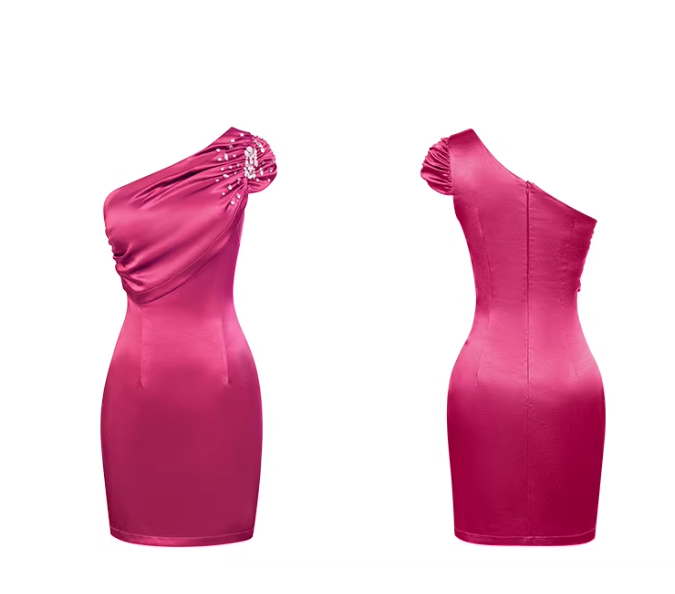 Fuchsia One Shoulder Rhinestone Bodycon Mini Dress for Party Evening Events FD016