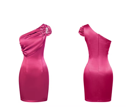 Fuchsia One Shoulder Rhinestone Bodycon Mini Dress for Party Evening Events FD016