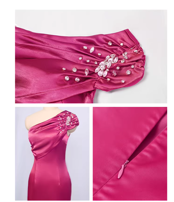 Fuchsia One Shoulder Rhinestone Bodycon Mini Dress for Party Evening Events FD016