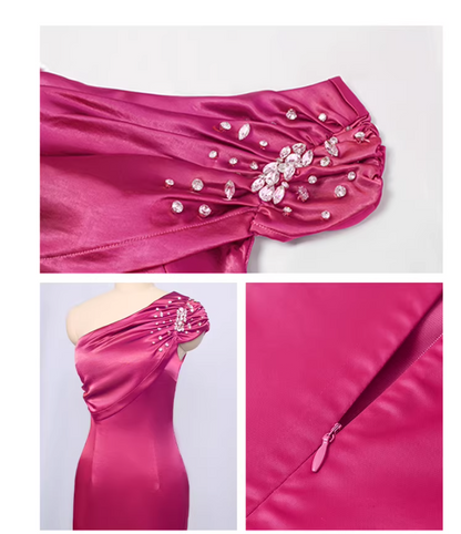 Fuchsia One Shoulder Rhinestone Bodycon Mini Dress for Party Evening Events FD016