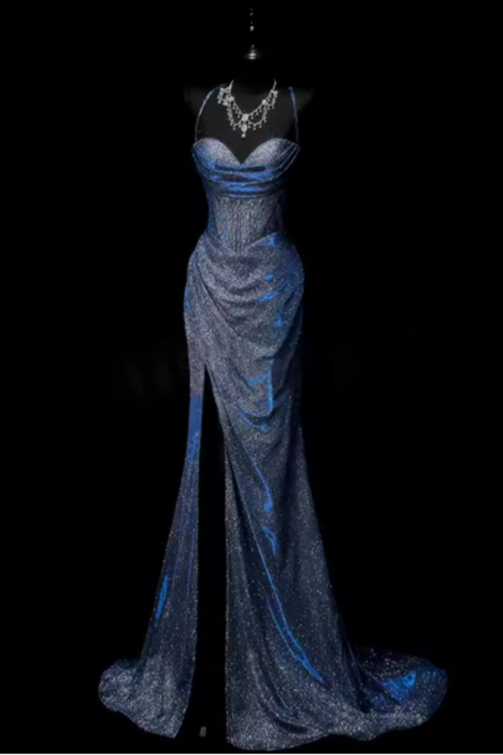 Blue Glitter Halter Neck Open Back High Slit Mermaid Evening Gown Floral-01