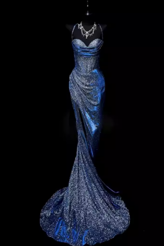 Blue Glitter Halter Neck Open Back High Slit Mermaid Evening Gown Floral-01