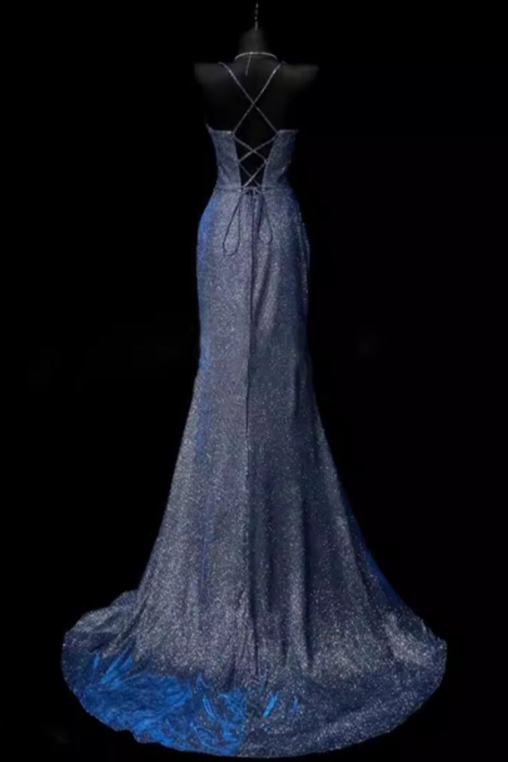 Blue Glitter Halter Neck Open Back High Slit Mermaid Evening Gown Floral-01
