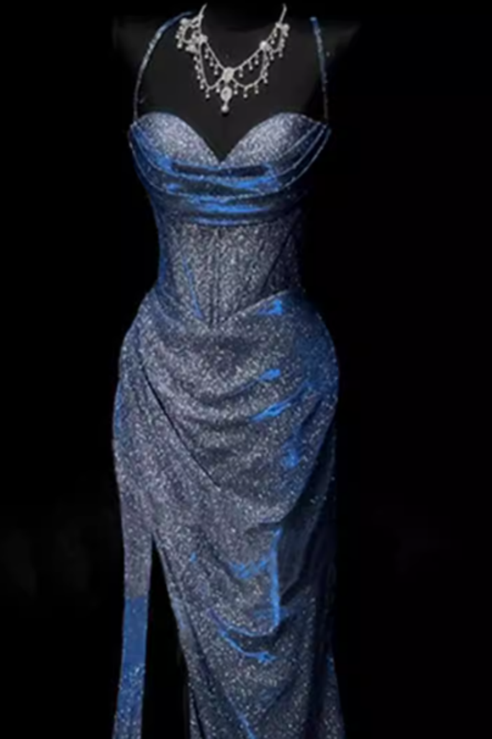 Blue Glitter Halter Neck Open Back High Slit Mermaid Evening Gown Floral-01