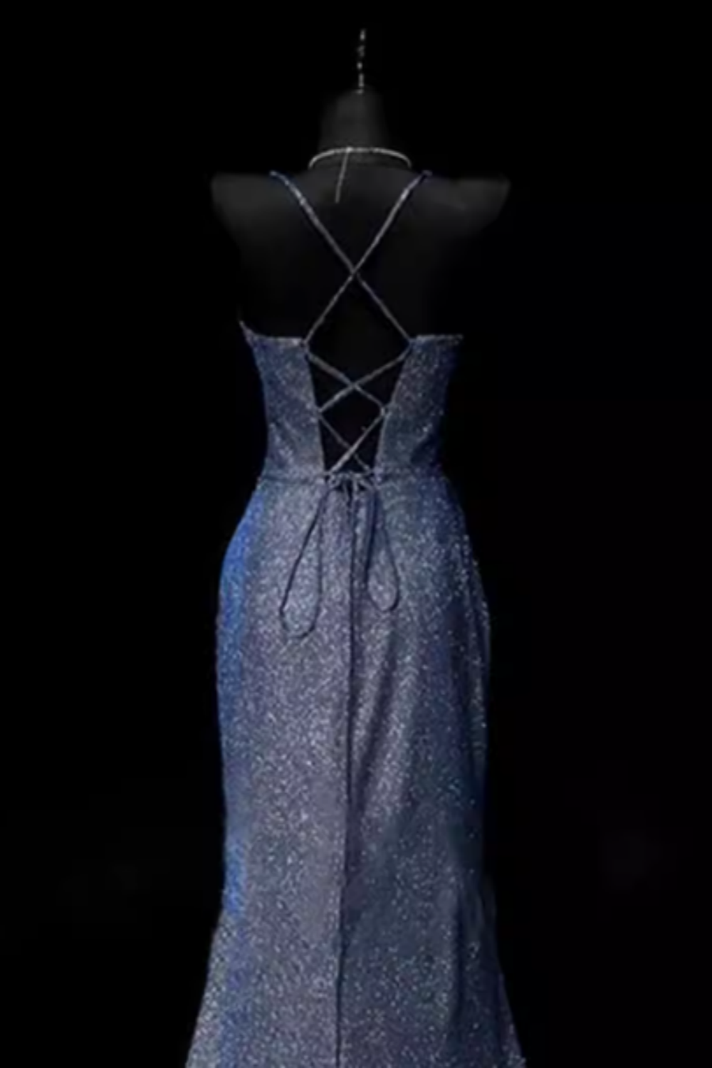 Blue Glitter Halter Neck Open Back High Slit Mermaid Evening Gown Floral-01