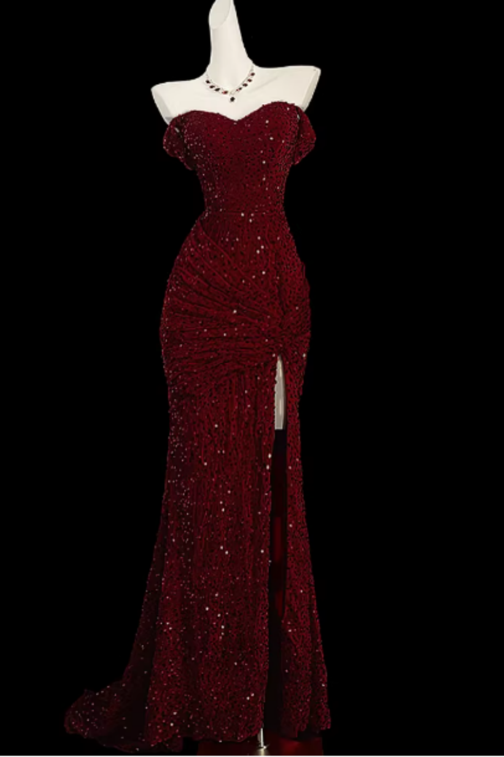 Burgundy Off Shoulder Sequin High Slit Mermaid Evening Gown Floral-02