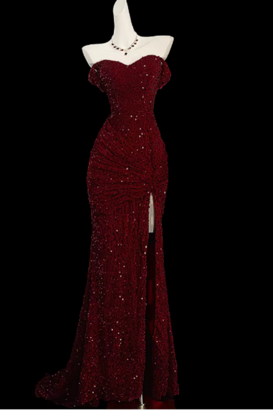 Burgundy Off Shoulder Sequin High Slit Mermaid Evening Gown Floral-02