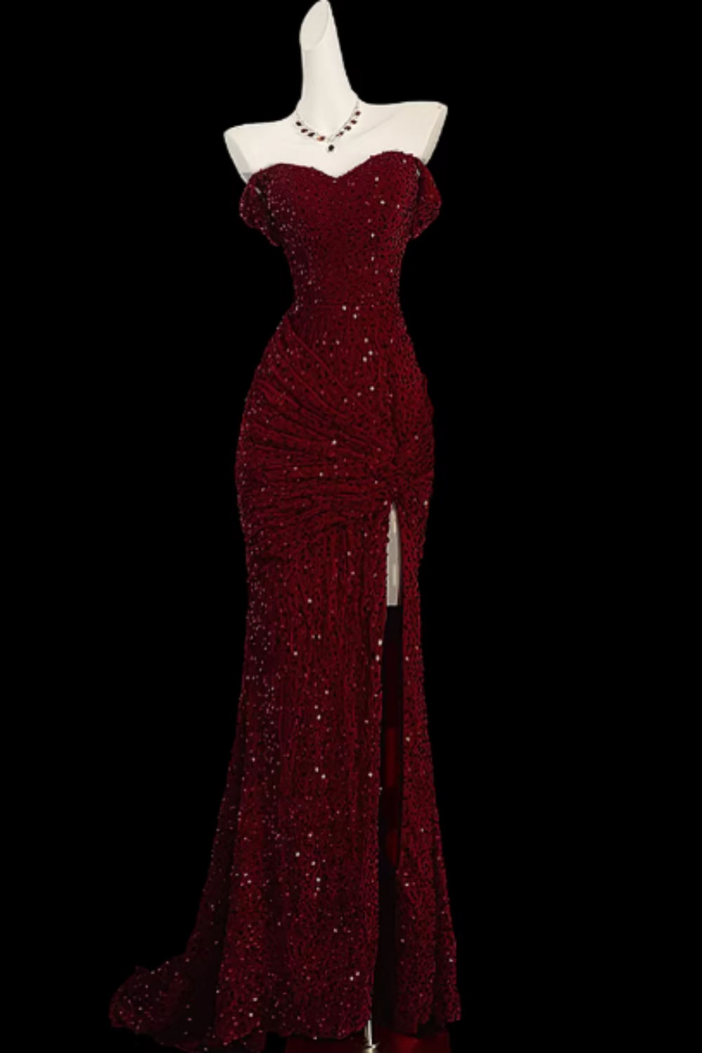 Burgundy Off Shoulder Sequin High Slit Mermaid Evening Gown Floral-02
