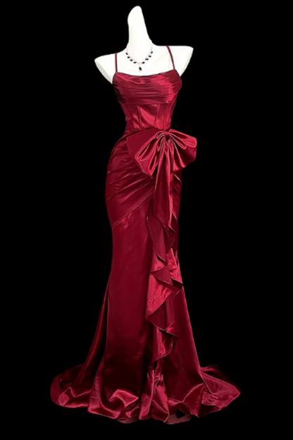 Burgundy Satin Spaghetti Strap Big Bow Mermaid Evening Gown Floral-03