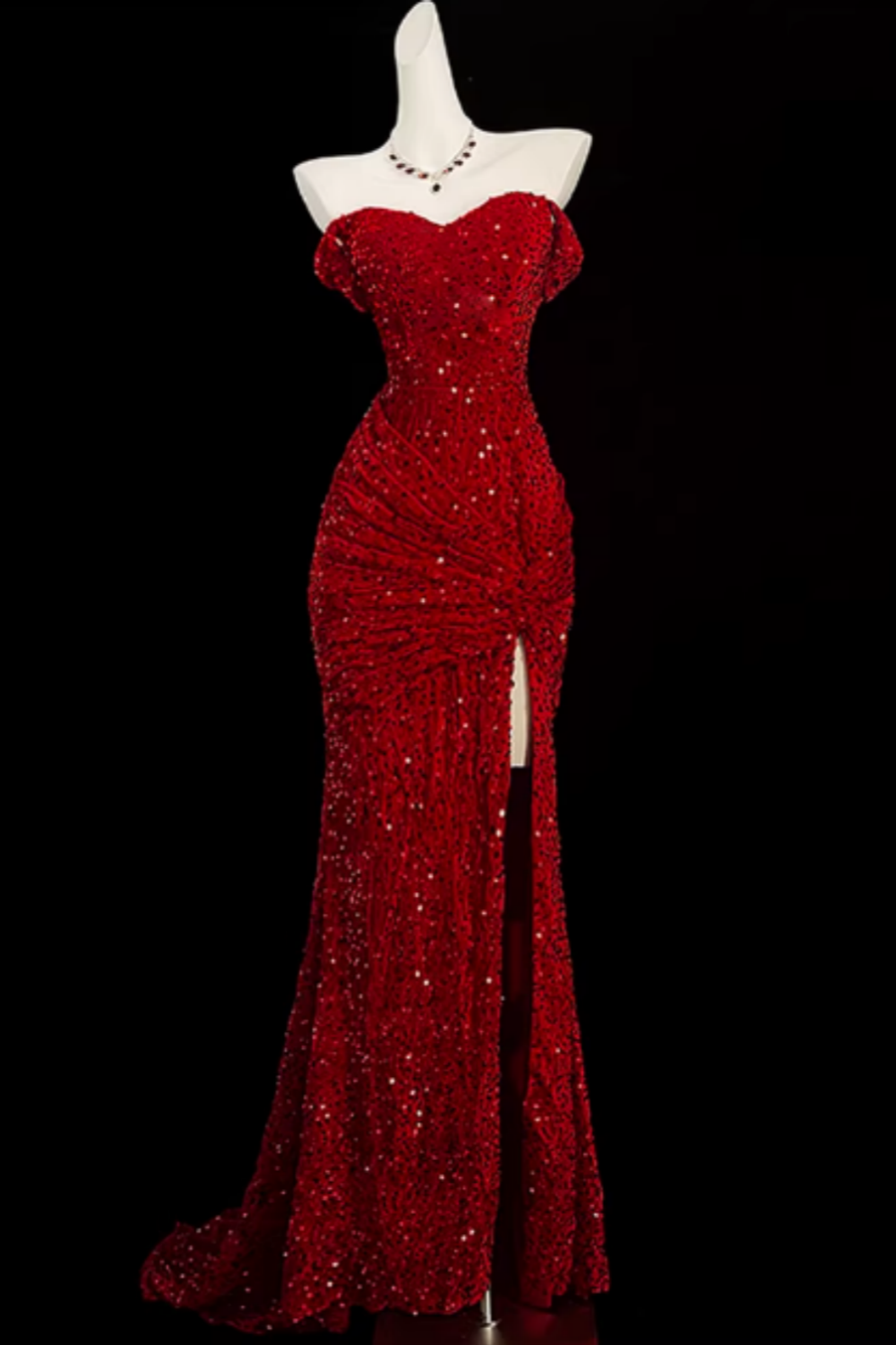 Formal Red Sequin Prom Dress, Off-the-shoulder Lace-up Mermaid Gown for Evening Party Floral-04