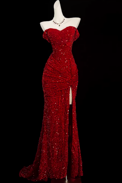 Formal Red Sequin Prom Dress, Off-the-shoulder Lace-up Mermaid Gown for Evening Party Floral-04