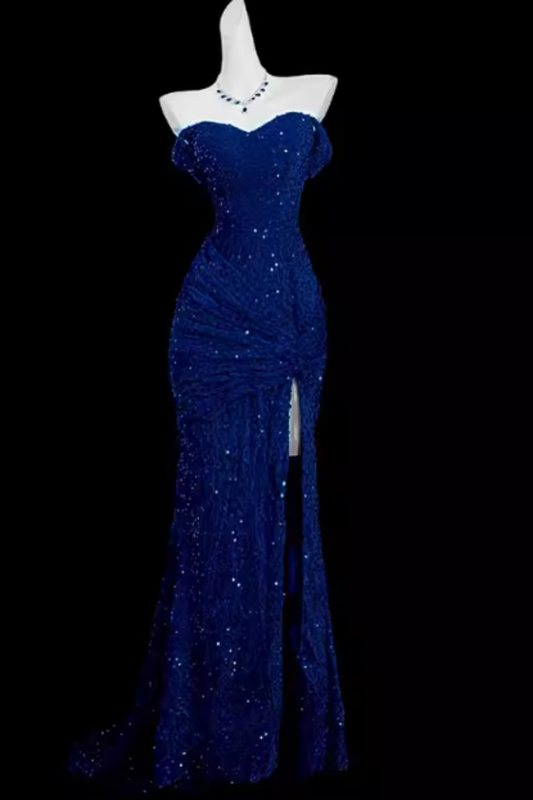 Elegant Glitter Blue Mermaid Prom Dress, Off-the-shoulder Formal Party Gown Floral-05