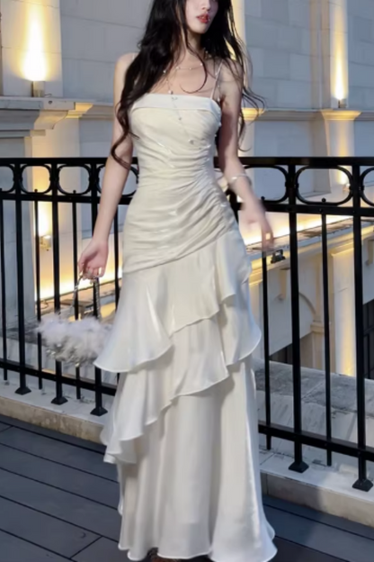 Ivory Satin Spaghetti Strap Mermaid Prom Dress, Ruched Ruffle Formal Evening Gown FD019
