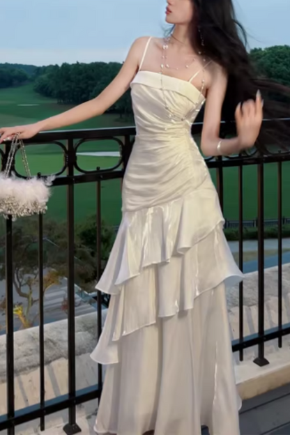 Ivory Satin Spaghetti Strap Mermaid Prom Dress, Ruched Ruffle Formal Evening Gown FD019