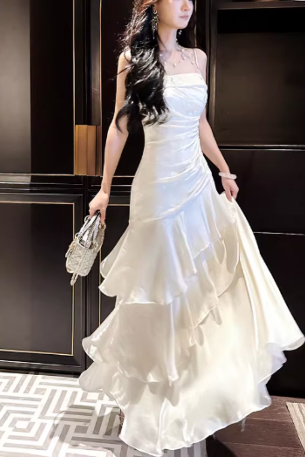 Ivory Satin Spaghetti Strap Mermaid Prom Dress, Ruched Ruffle Formal Evening Gown FD019