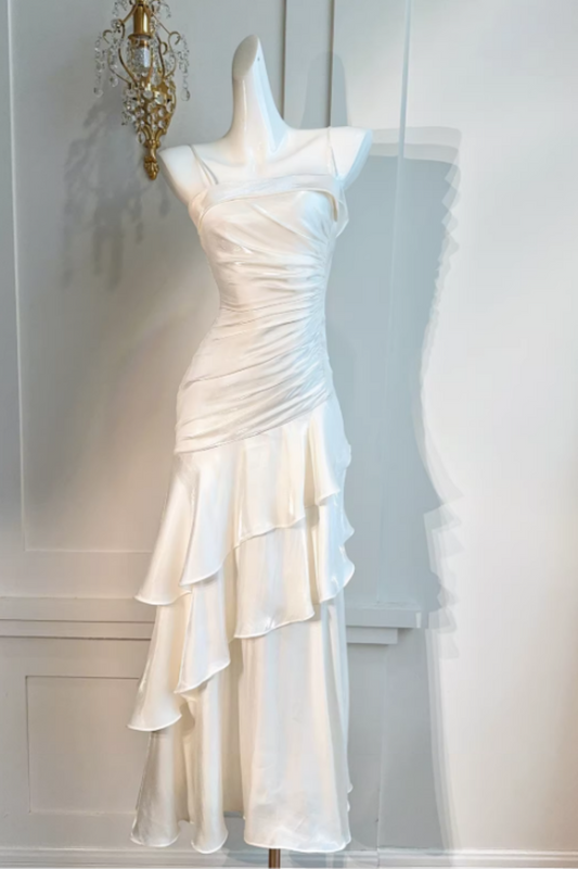 Ivory Satin Spaghetti Strap Mermaid Prom Dress, Ruched Ruffle Formal Evening Gown FD019