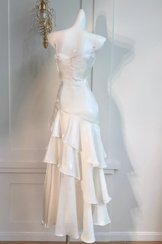 Ivory Satin Spaghetti Strap Mermaid Prom Dress, Ruched Ruffle Formal Evening Gown FD019