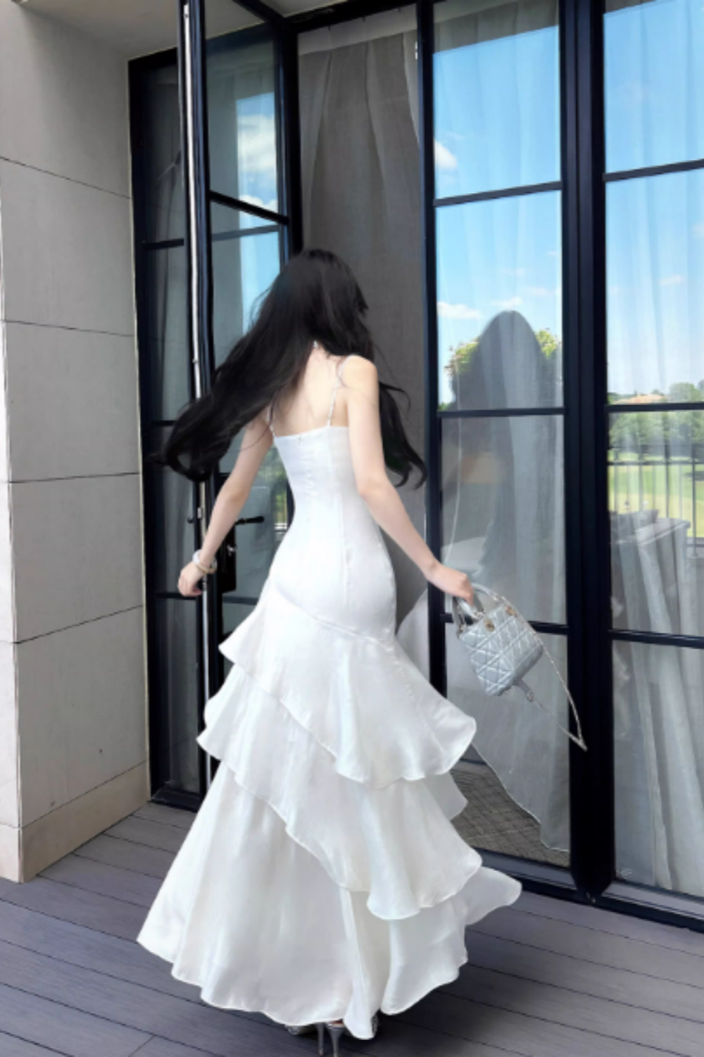 Ivory Satin Spaghetti Strap Mermaid Prom Dress, Ruched Ruffle Formal Evening Gown FD019